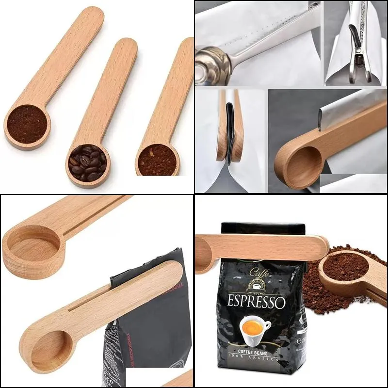 spoon wood coffee scoop with bag clip tablespoon solid beech wooden measuring scoops tea bean spoons clips gift wly935