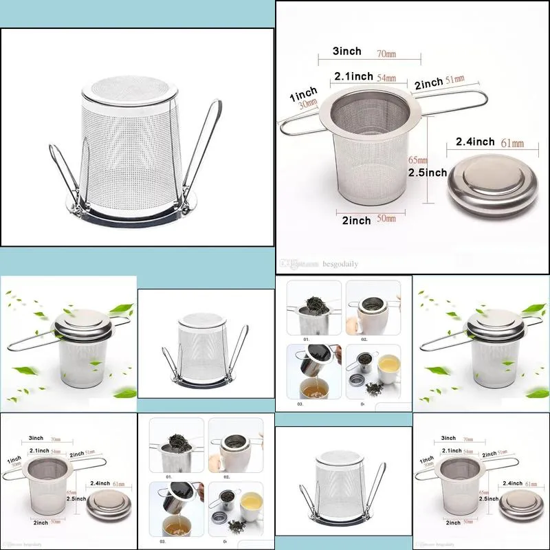 folding double handles tea infuser with lid stainless steel fine mesh coffee filter teapot cup hanging loose leaf tea strainer