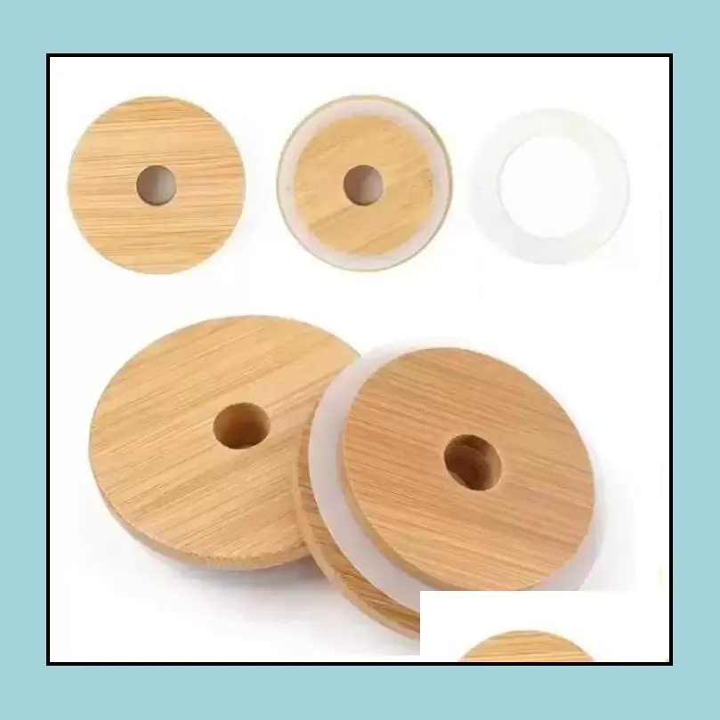 bamboo cap lids 70mm 88mm reusable wooden mason jar lid with straw hole and silicone seal