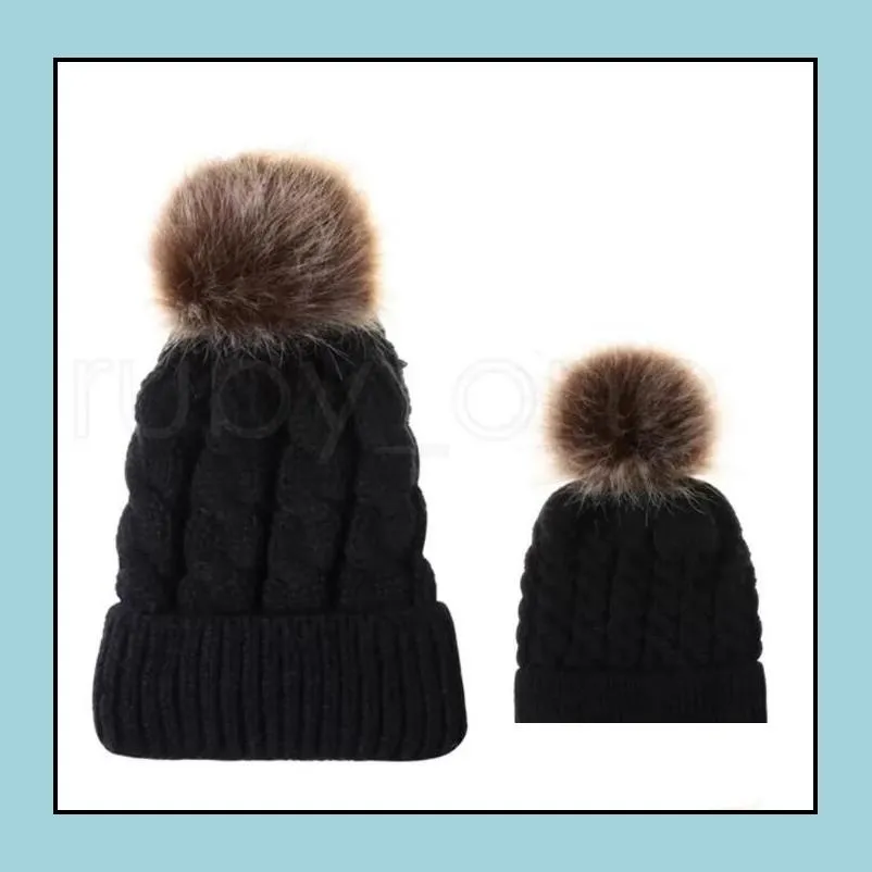 pompom ball knitted hat winter warm women parentchild knitting caps twist knit beanies imitation braid hair ball wool cap 9styles