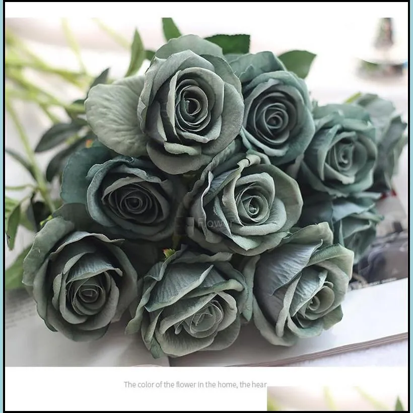 flannel rose flower 10pcs/lot wedding decorations real touch cloth rose flower head plastic stem home office shop silk decorative rose