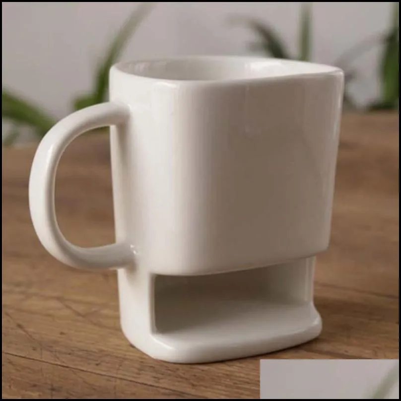 250ml ceramic mug white coffee tea biscuits milk dessert cup tea cup side cookie pockets holder for home office