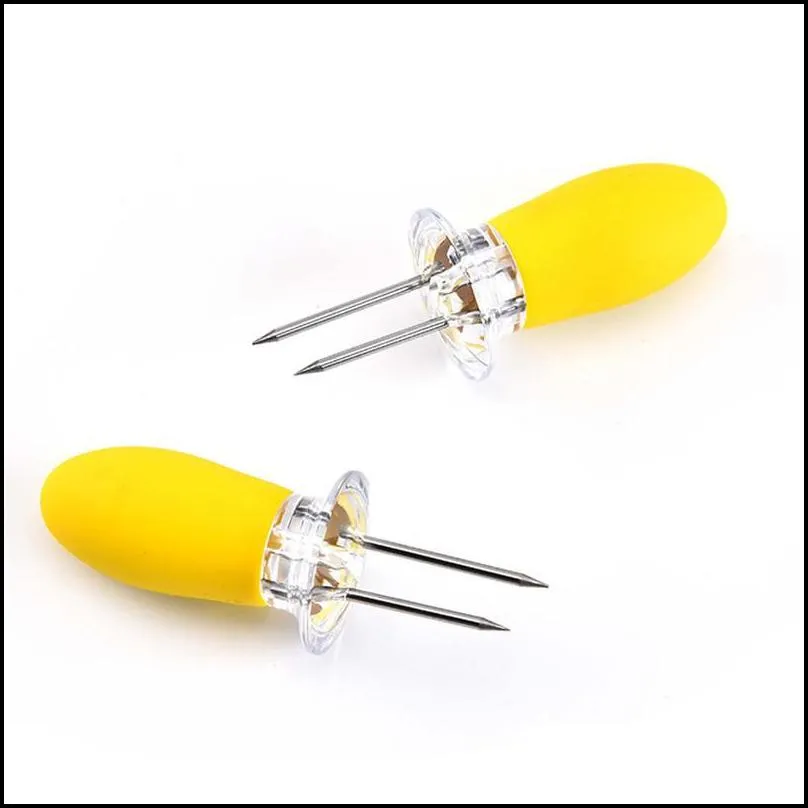 stainless steel corn cob holders with silicone handle and convenient butter spreading tool bbq meat fruit forks 2 pcs/set