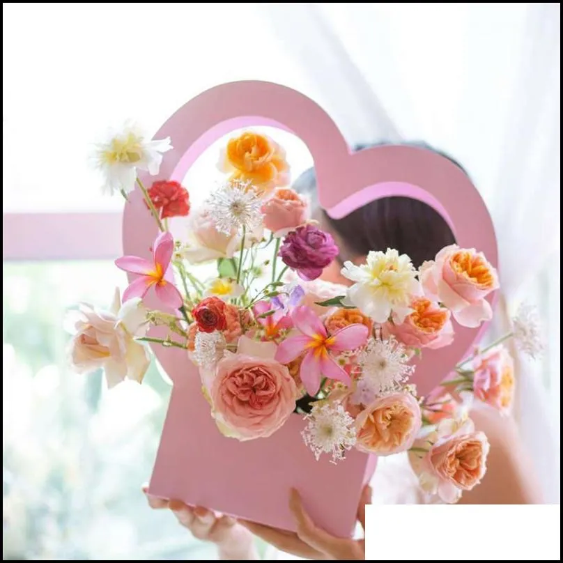 heart shaped paper flower box diy hand held flower basket valentine day mothers day florist flower decoration