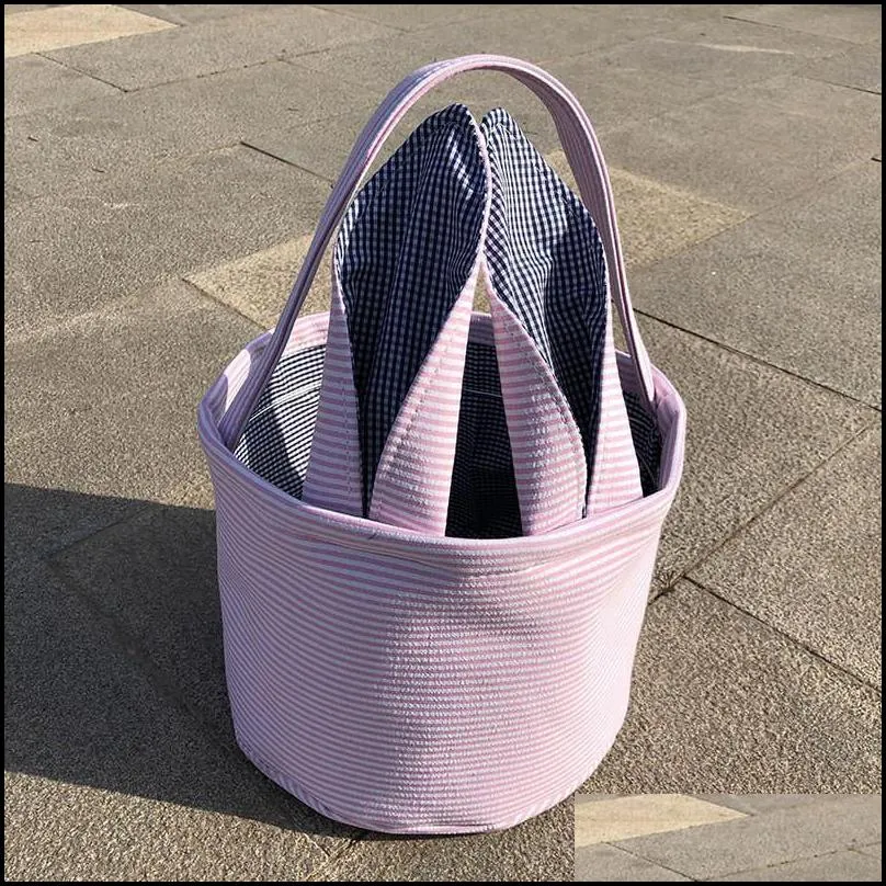 bunny ears striped bucket favor easter rabbit basket seersucker candy bag outdoor portable pouch cg001