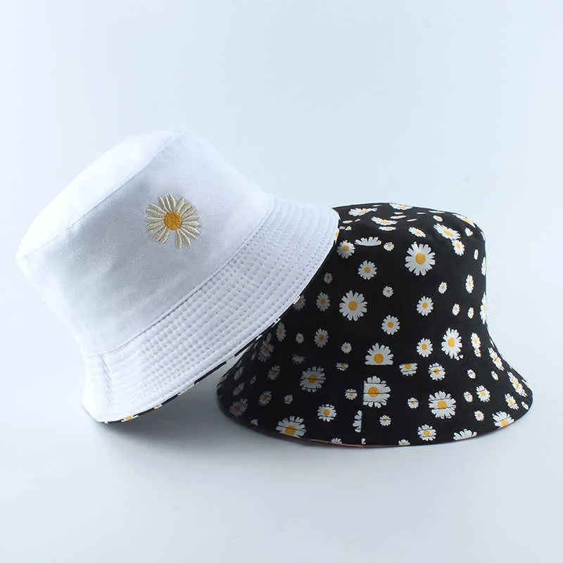 Wide Brim Hats Summer Daisies Bucket Hat Women Fashion Cotton Beh Sun Hats Reversible Bob chapeau Femme Floral Panama Hat Fisherman Hat P230327