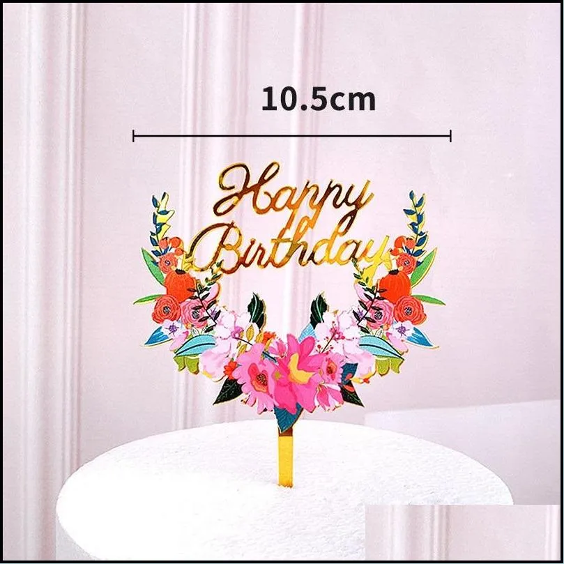 flowers happy birthday cake topper floral color printed acrylic cupcake toppers birthday party wedding mothers day