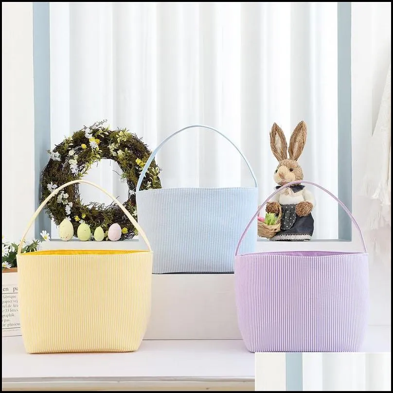 new easter candy basket festive seersucker stripe bucket easters eggs storage bag multipurpose home clothes baskets