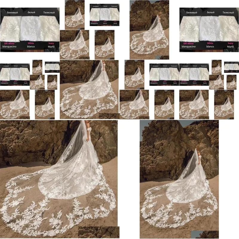 bridal veils wedding veil with comb 1 tier soft tulle scalloped lace floral elegant white ivory champagne custom 300cm