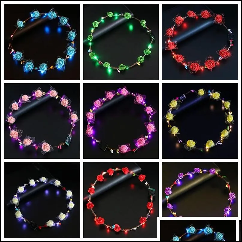 flashing led hairbands strings glow flower crown headbands light party rave floral hair garland luminous decorative wreath