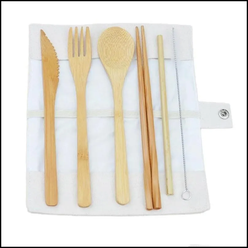 portable wooden cutlery set travel bamboo flatware set knife chopsticks fork spoon dinnerware sets camping utensils 7pcs/set