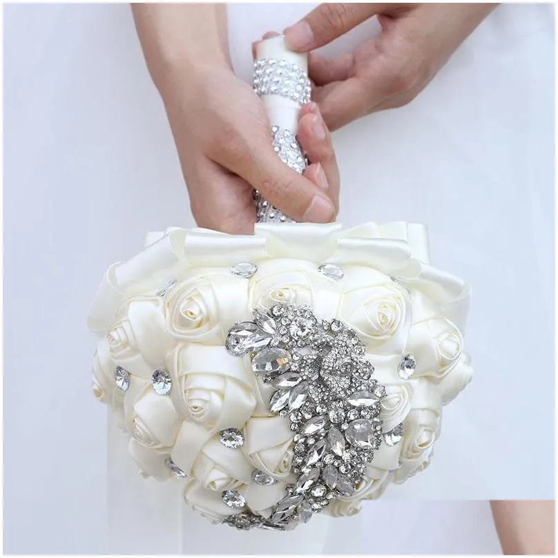 wedding flowers bouquets crystal satin holding artificial ribbon bridal bridesmaid diamond bouquet floresdeboda w445