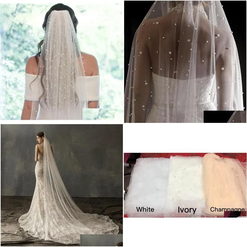 bridal veils long wedding veil with pearls one layer cathedral bride comb beaded for white ivory accessories