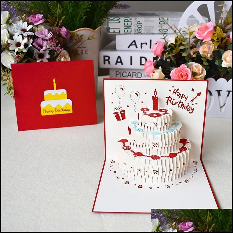 3d  up happy birthday greeting cards laser cut fruit cake shaped postcards gifts card with envelope stickers