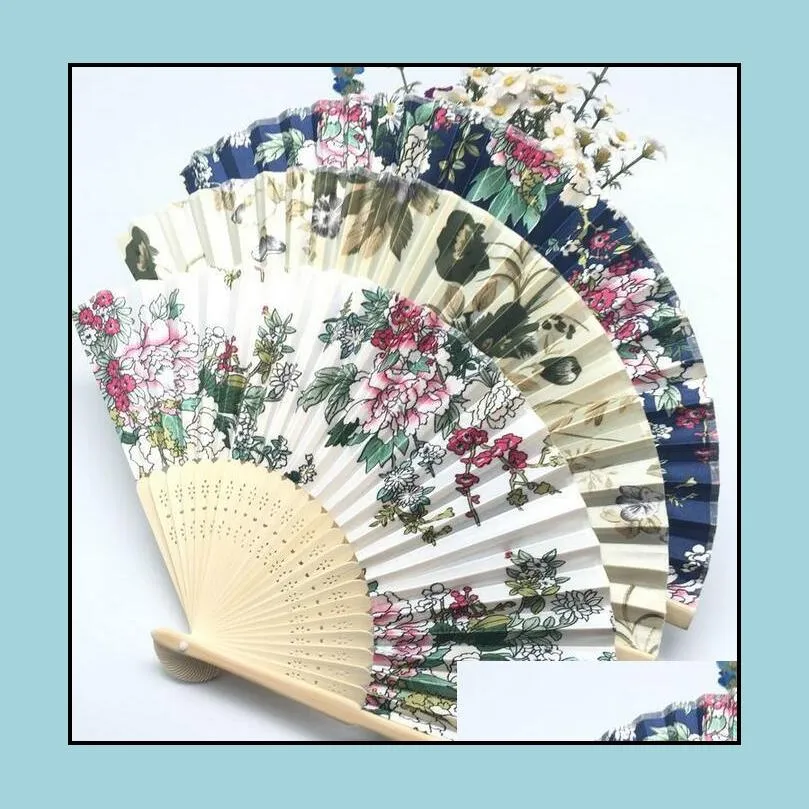 classical chinese style fabric fan silk folding bamboo hand held fans wedding birthday party favors gifts