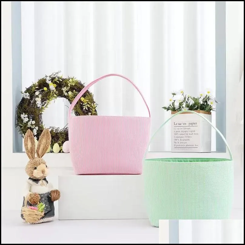 new easter candy basket festive seersucker stripe bucket easters eggs storage bag multipurpose home clothes baskets