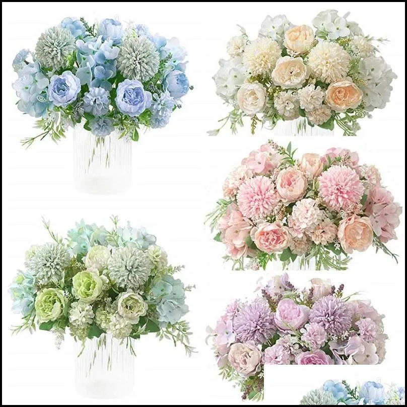 silk peony hydrangea flowers bouquet 7 forks artificial realistic plastic carnations peonies hydrangea flower wedding party home garden