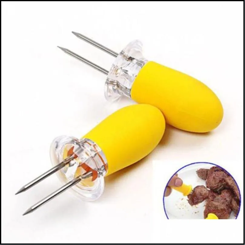 stainless steel corn cob holders with silicone handle and convenient butter spreading tool bbq meat fruit forks 2 pcs/set