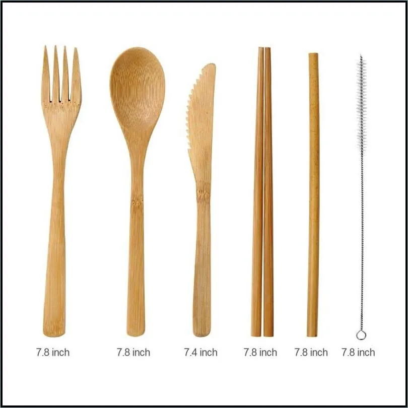 portable wooden cutlery set travel bamboo flatware set knife chopsticks fork spoon dinnerware sets camping utensils 7pcs/set