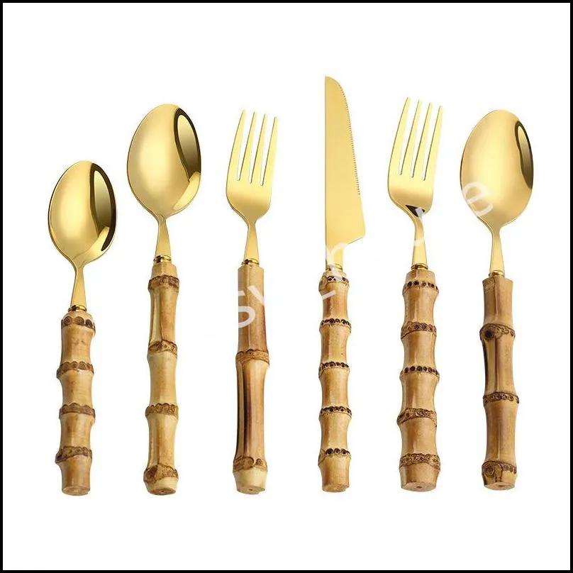 bamboo handle flatware set stainless steel dinner knife fork dessert spoon cutlery sets