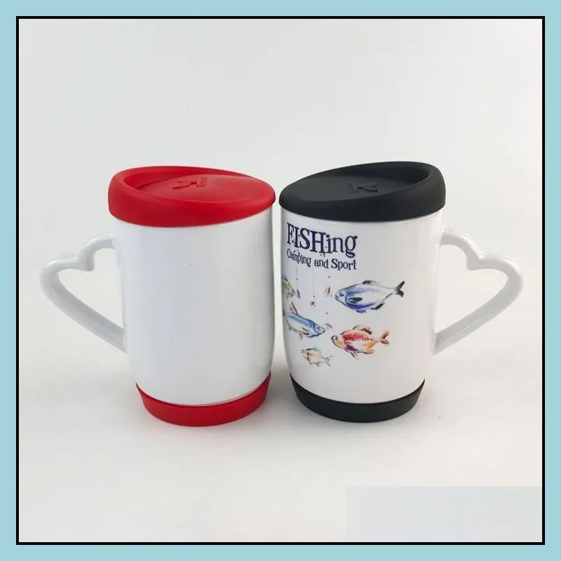 12oz sublimation ceramics mugs tumblers blanks coffee cup with heart handle diy printing with silicone coaster and lid wly935