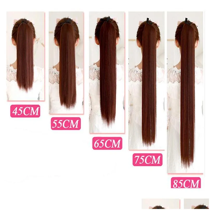 synthetic wigs long silky straight ponytails clip in pony tail heat resistant fake hair wrap round hairpiece 3032 inch
