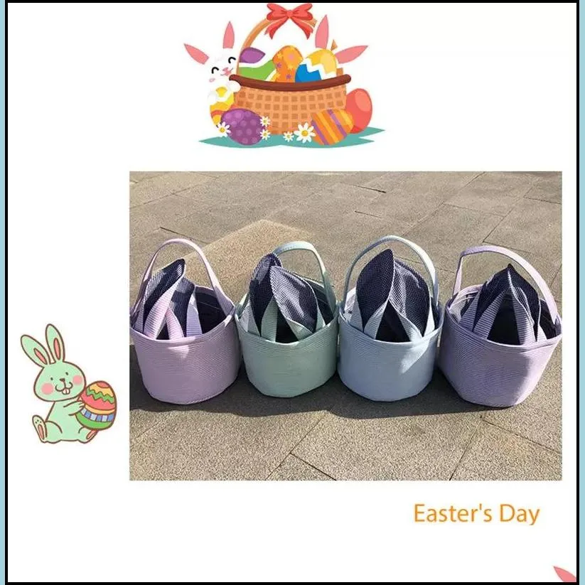 bunny ears striped bucket favor easter rabbit basket seersucker candy bag outdoor portable pouch cg001