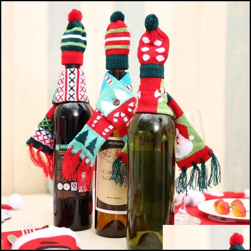mini knit santa claus reindeer christmas tree wine bottle scarf hat festive dot stripe hat scarf dining table decor