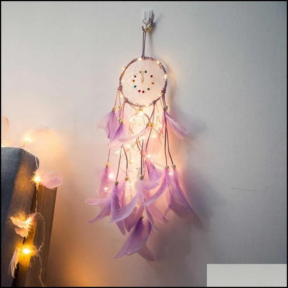 handmade led light dream catcher feathers car home wall hanging decoration ornament gift dreamcatcher wind chime