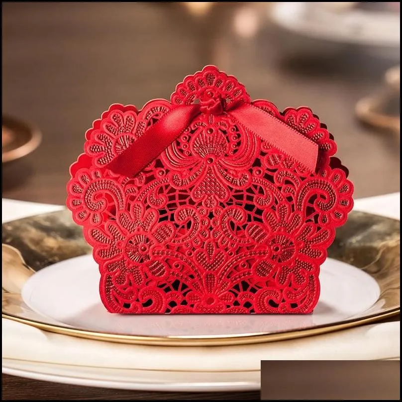 embossed lace laser cut wedding favor boxes hollow flower wedding candy box with ribbon casamento wedding favors