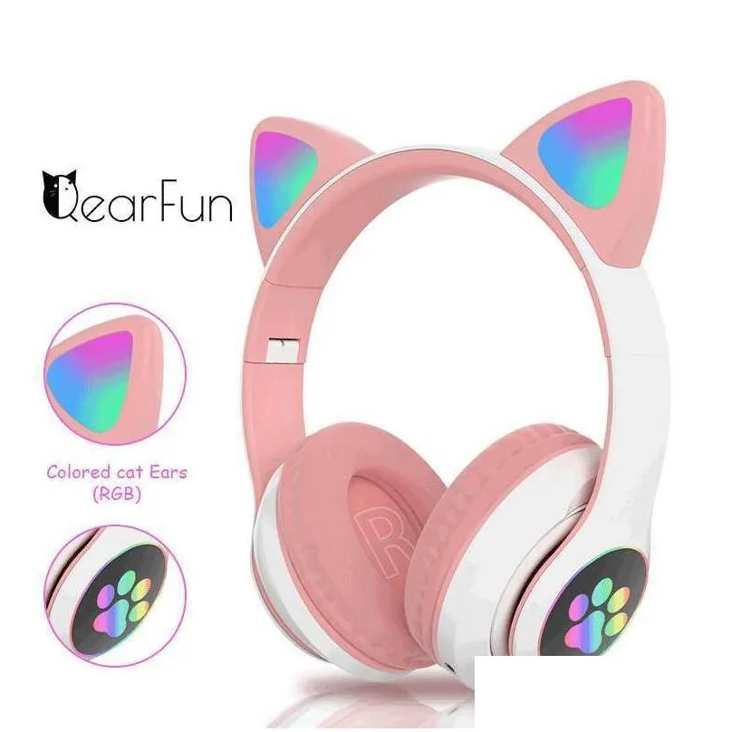 flash light cute cat ears wireless headphones with mic can control led kid girls stereo phone music bluetooth headset gamer gift