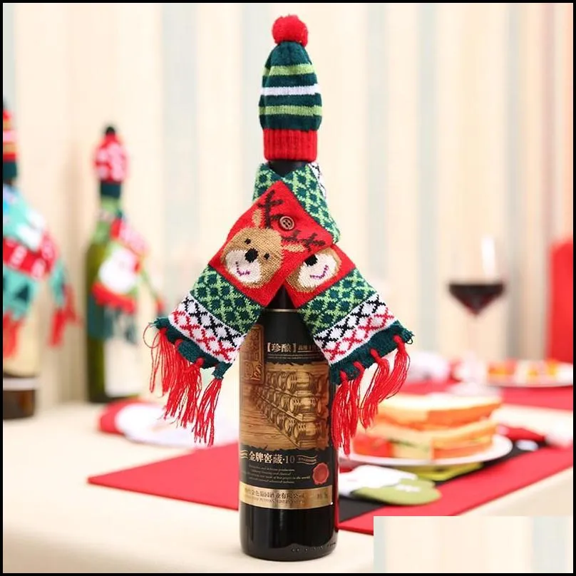 mini knit santa claus reindeer christmas tree wine bottle scarf hat festive dot stripe hat scarf dining table decor