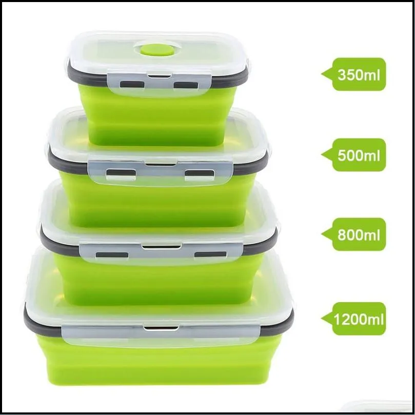 silicone folding lunch boxes rectangle collapsible bento box food container bowl 350/500/800/1200 ml 4pcs/ set