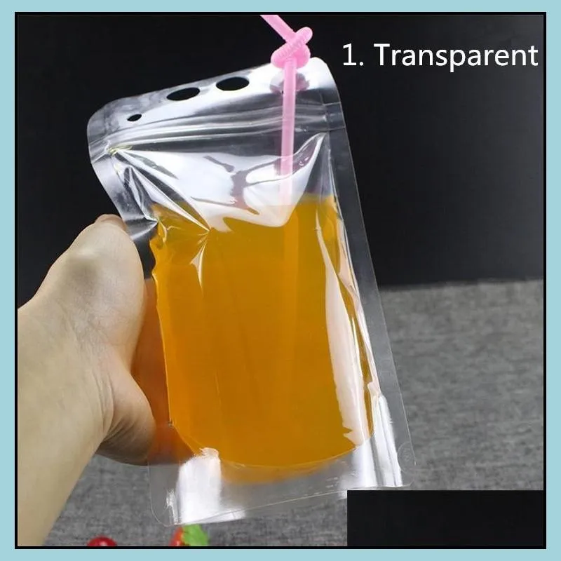 500ml transparent selfsealed plastic drink packaging bag for beverage juice milk coffee with handle and holes for straw