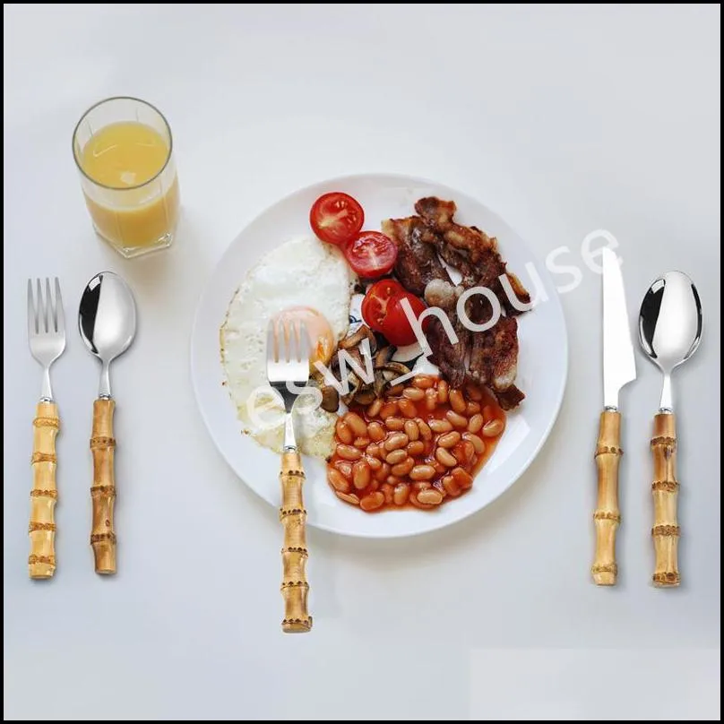 bamboo handle flatware set stainless steel dinner knife fork dessert spoon cutlery sets