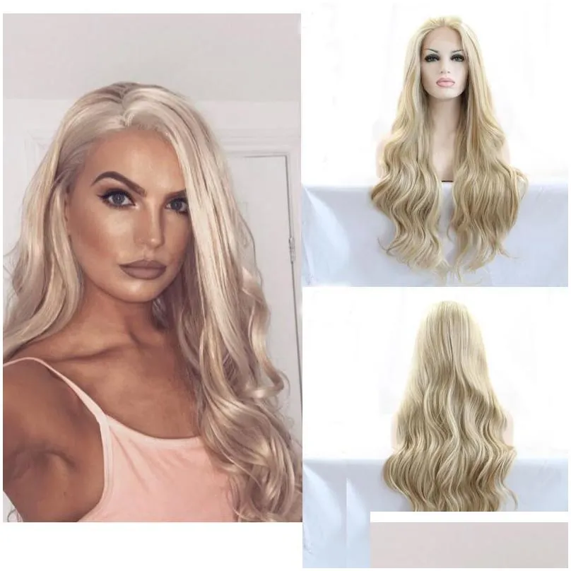 synthetic wigs long lace front wig gold ombre blonde curly body wave for black women frontal cosplay drag queen everyday hair