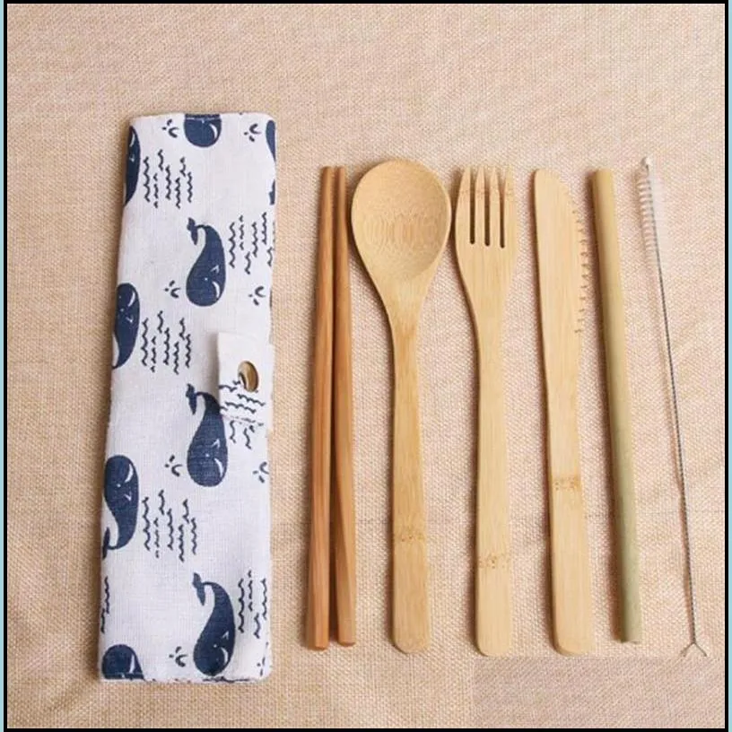 bamboo flatware cutlery set portable bamboo chopsticks fork spoon straw dinnerware set travel ecofriendly cutlery set