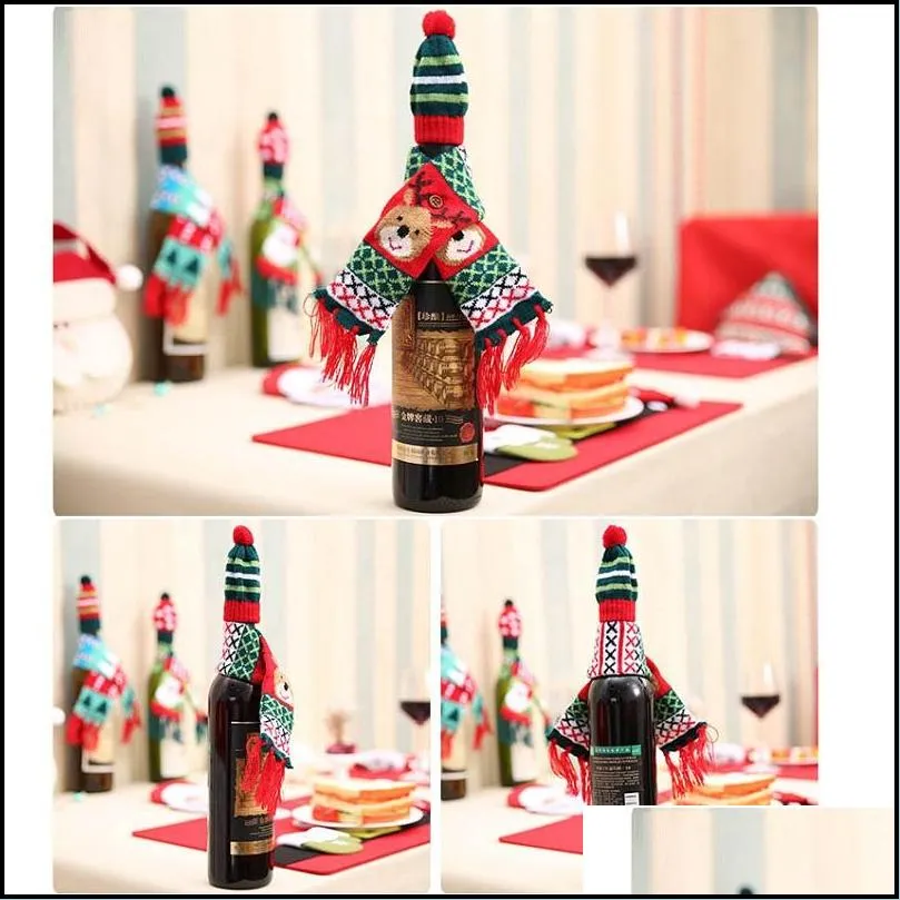 mini knit santa claus reindeer christmas tree wine bottle scarf hat festive dot stripe hat scarf dining table decor