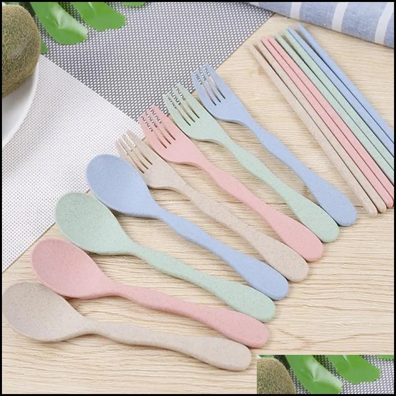 balleen shiny portable wheat straw tableware cutlery set three piece for children adult travel cutlery kit gift dinnerware set