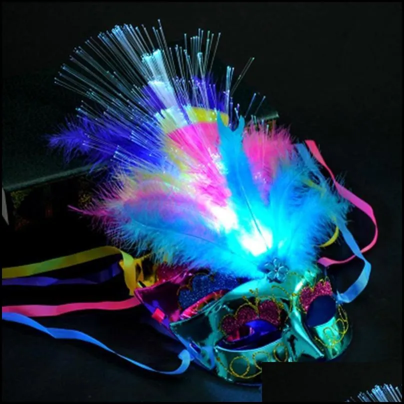venetian led fiber light up mask masquerade fancy dress party princess feather glowing masks masquerade masks