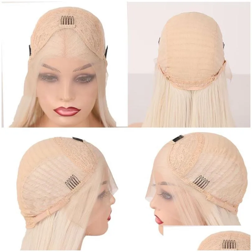 synthetic wigs body wave platinum blonde lace front heat resistant fiber hair for women girls wavy wig natural hairline