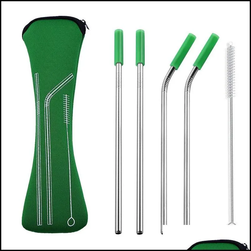 reusable stainless steel straw set straight bent straw cleaning brush 6pcs / set juice straw with travel neoprene storage bag