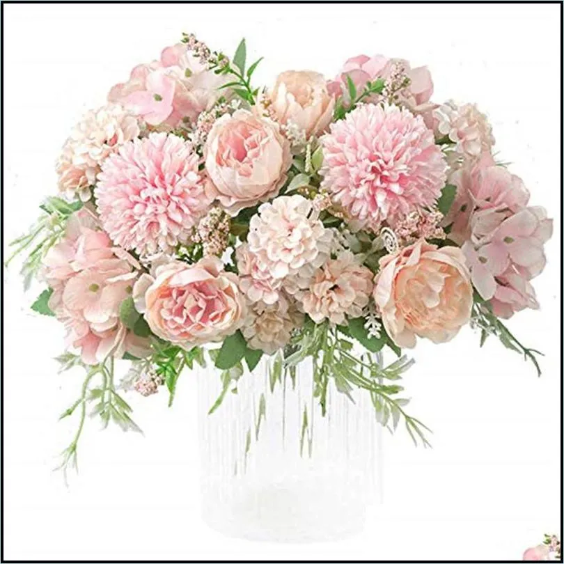 silk peony hydrangea flowers bouquet 7 forks artificial realistic plastic carnations peonies hydrangea flower wedding party home garden