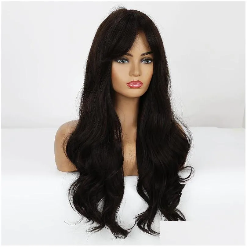 synthetic wigs long black for women wavy wig with air bangs silky full heat resistant fiber cosplay daily party replacement