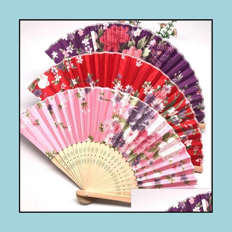 classical chinese style fabric fan silk folding bamboo hand held fans wedding birthday party favors gifts