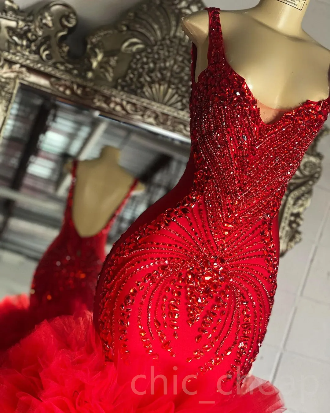 2023 Arabic Aso Ebi Red Mermaid Prom Dress Beaded Crystals Tiers Tulle Evening Formal Party Second Reception Birthday Engagement Gowns Dresses Robe De Soiree ZJ2055