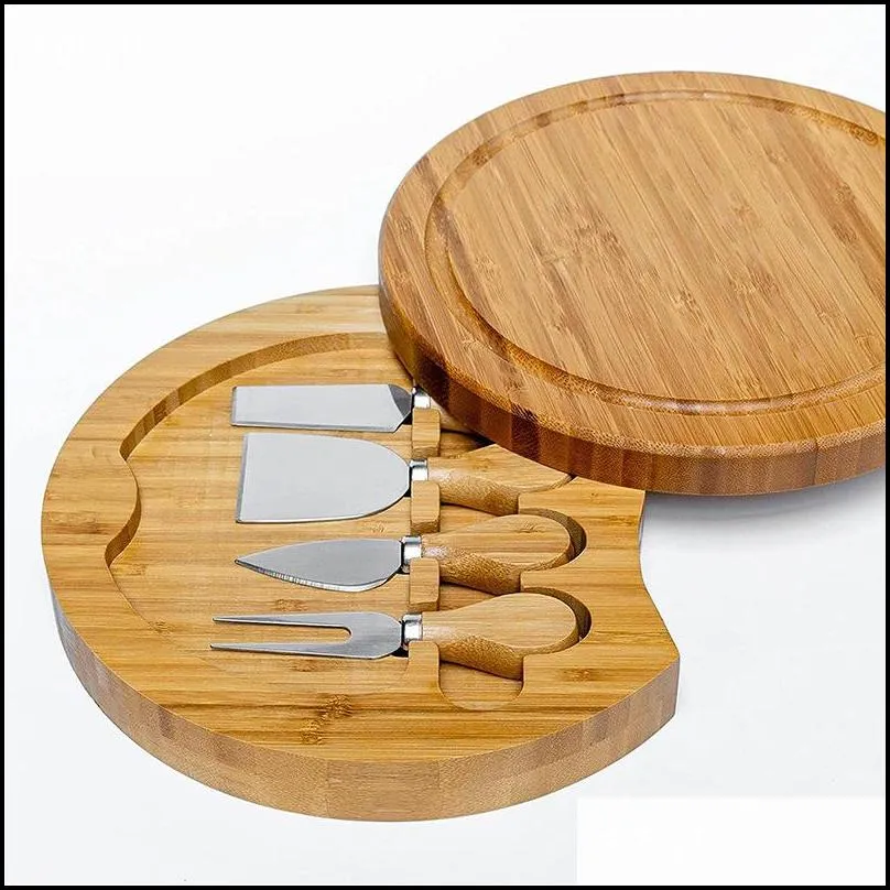 bamboo cheese board and knife set round charcuterie boards swivel meat platter holiday housewarming gift kitchen tools