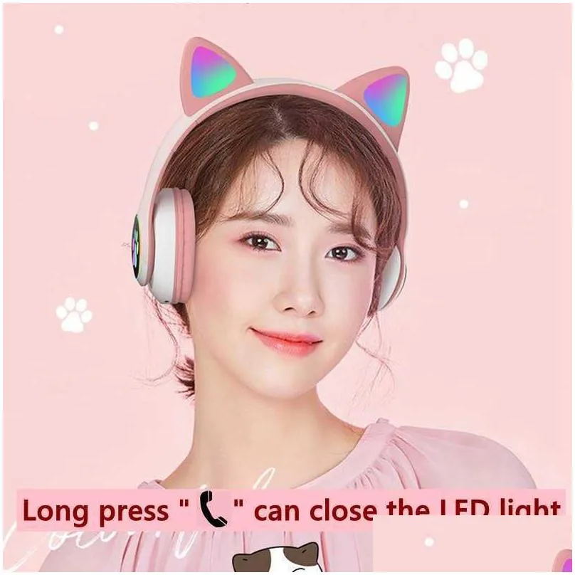 flash light cute cat ears wireless headphones with mic can control led kid girls stereo phone music bluetooth headset gamer gift