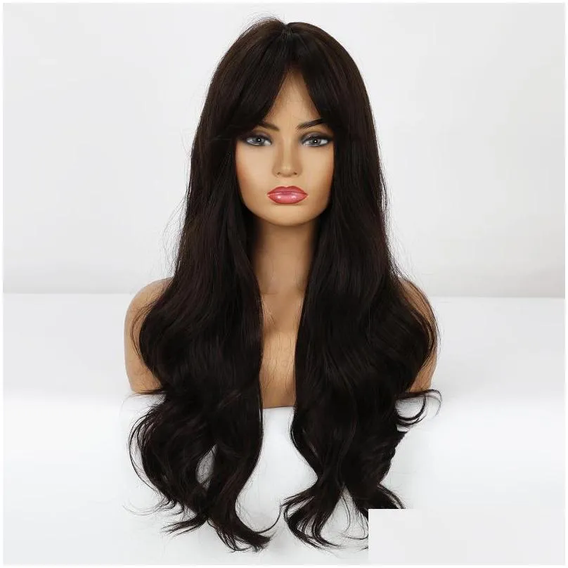 synthetic wigs long black for women wavy wig with air bangs silky full heat resistant fiber cosplay daily party replacement