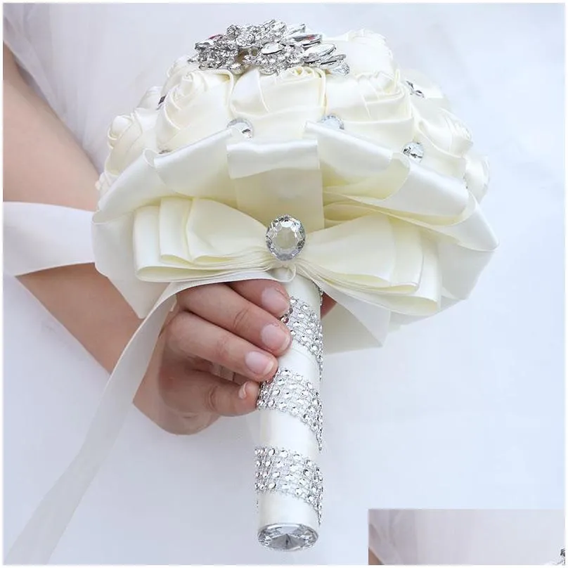 wedding flowers bouquets crystal satin holding artificial ribbon bridal bridesmaid diamond bouquet floresdeboda w445